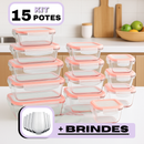 Kit com 15 Potes Herméticos de Vidro + 10 Copos de Vidro Aruba [ÚLTIMAS UNIDADES EM ESTOQUE!]