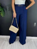 Calça Pantalona Alfaiataria Feminina com Cinto Cintura Alta Social Envio Imediato